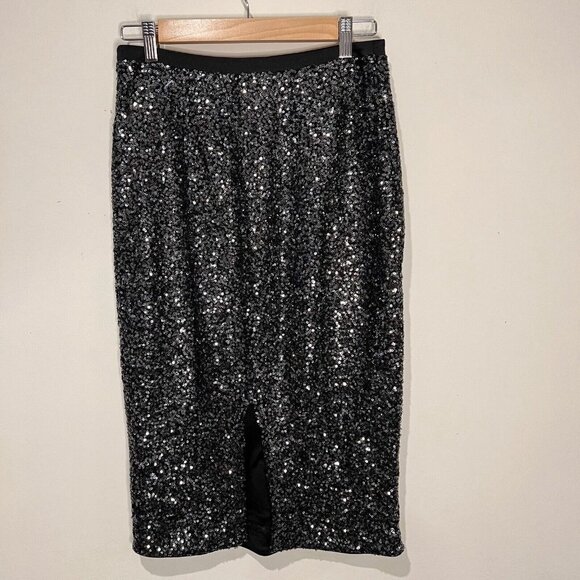 EXPRESS Black Silver Sequins Midi Pencil Skirt Size 4 - Picture 9 of 12